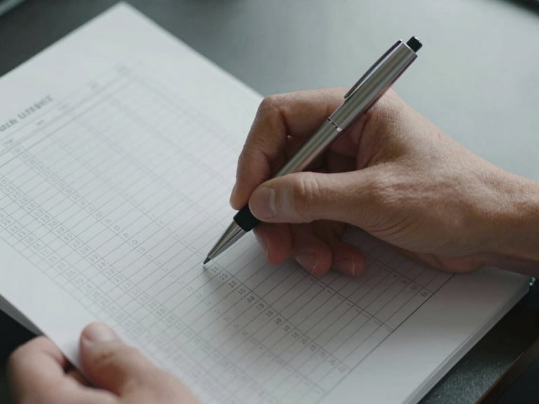 Close-up of a hand holding a pen above a printed spreadsheet with rows of data, another hand steadying the page, north-facing indoor light, muted silver-gray tones, no color decoration