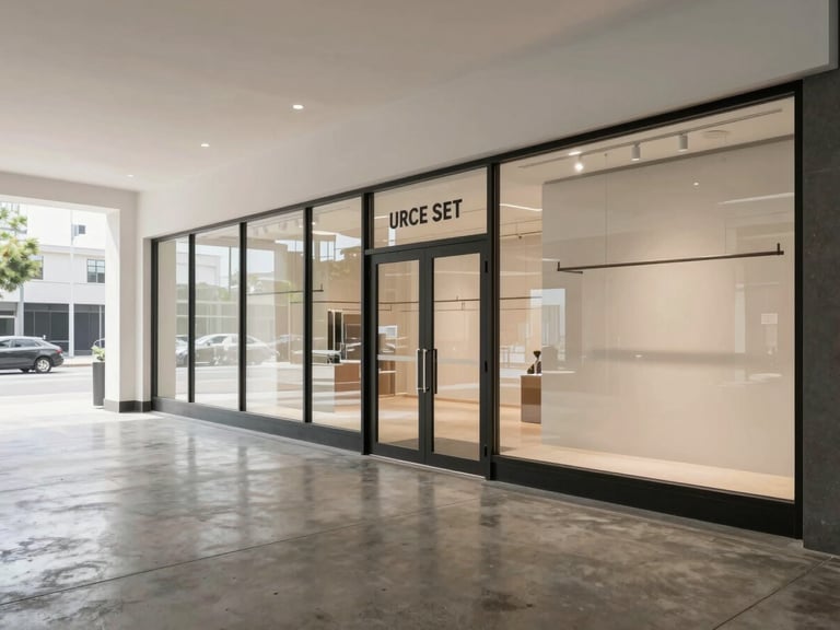 Wide environmental shot of a completed commercial retail interior, natural daylight through storefront glazing, polished concrete floor, clean drywall and trim finishes, no people, no staging