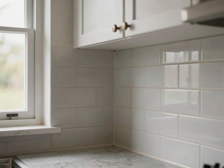 Close-up of finished kitchen tile backsplash and cabinet transition under north-facing window light, natural daylight, no people, material textures sharp and in focus