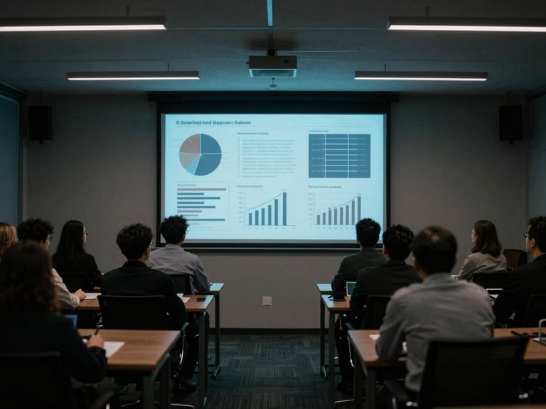 Wide architectural office shot of a collaborative strategy session around a large screen displaying abstract data visualizations, low-key dramatic office lighting, cool blue screen glow, deep shadows, sharp focus, moody editorial photography, 35mm film grain.