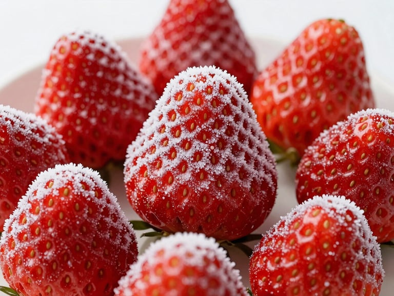 Crisp commercial photography of individually quick frozen strawberries with delicate frost crystals, sharp macro focus, bright high-key studio light, vivid natural red colors