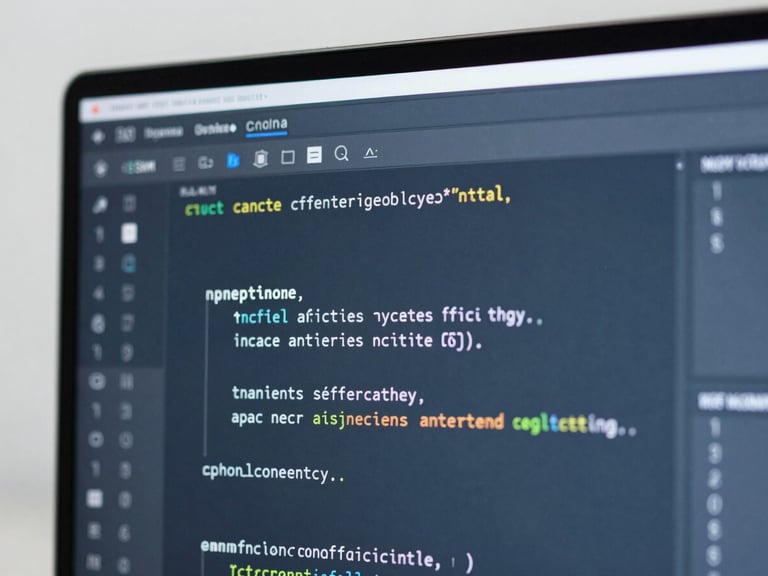 Architectural close-up of clean code on a high-resolution screen in soft daylight, cool slate blue tones, sharp focus, 35mm