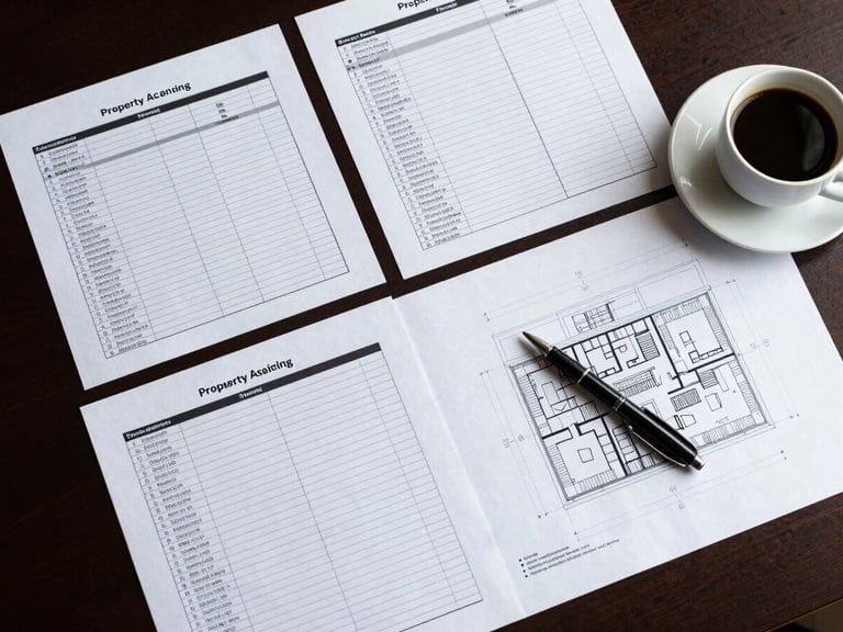 Overhead flat-lay on a conference table: printed property underwriting spreadsheets, a site plan blueprint, a pen mid-annotation, and a cup of black coffee at the edge — controlled studio lighting from above, high contrast, no people visible, clean professional surfaces