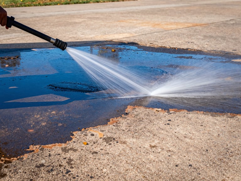 High-pressure water stream cleaning an oil-stained driveway, sharp contrast between clean and dirty, direct Texas sunlight, saturated blue and orange tones.