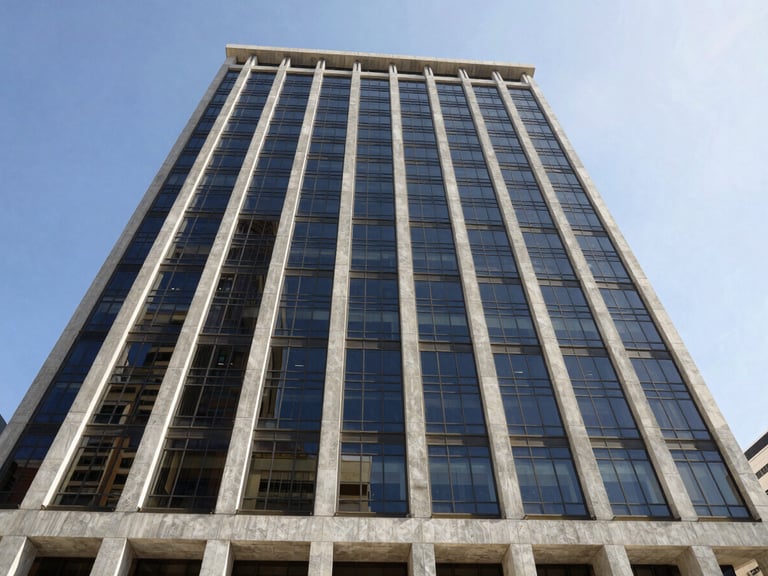 Wide-angle architectural photograph of a premium commercial building in Cape Town, sharp concrete and glass facade reflecting bright natural coastal daylight, professional framing.