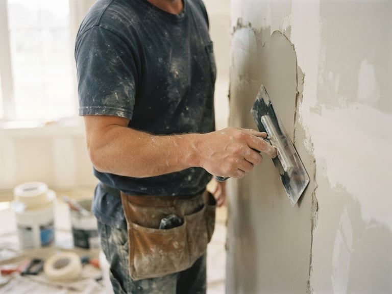 Close-up of a plasterer smoothly applying plaster to a dry wall, warm natural light coming from a window, detailed texture, 35mm