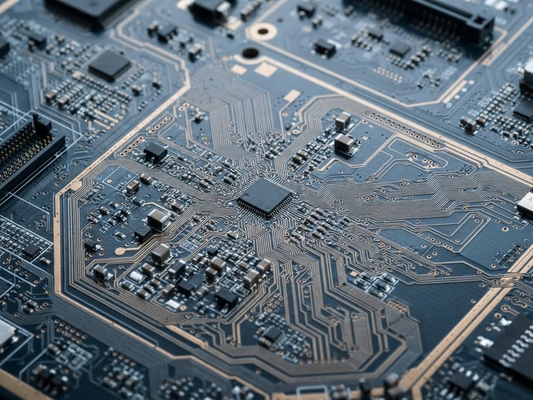 Macro close-up of a high-precision multi-layered circuit board, cool clinical studio lighting, deep slate and blueprint blue tones, sharp technical photography