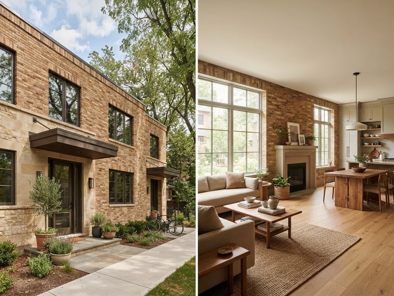 Warm architectural photography, soft daylight, low-rise residential building exterior showing clean brick and stone facade, wide-angle, 35mm