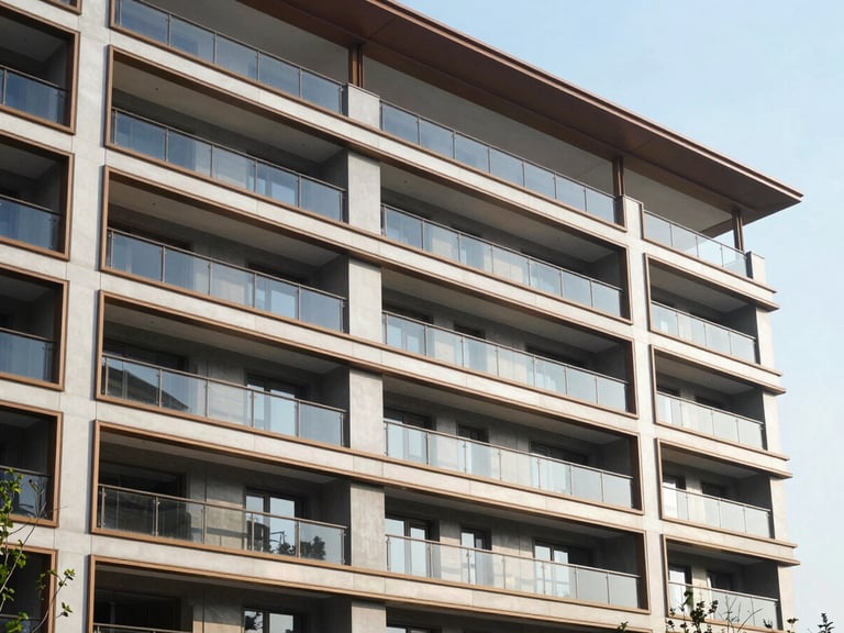 Modern residential estate with clean architectural lines, bright natural daylight, sharp focus, technical aesthetic, 35mm