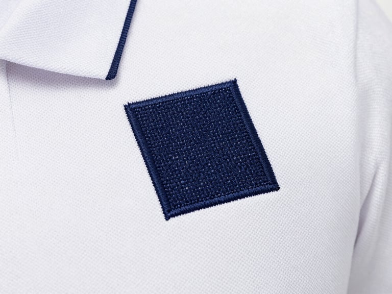 Macro close-up of a dense navy blue embroidery stitch on a white polo shirt, high fidelity, bright studio lighting