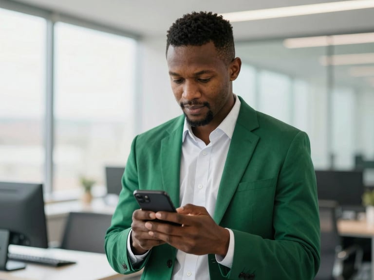 A professional Motswana man in a light-filled modern office, looking confidently at his smartphone screen, shallow depth of field