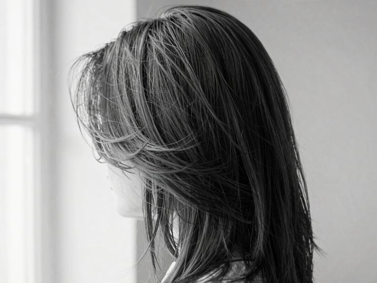 Close-up of a client's freshly styled hair, showing natural movement and healthy shine, soft directional window light, high-contrast monochrome.