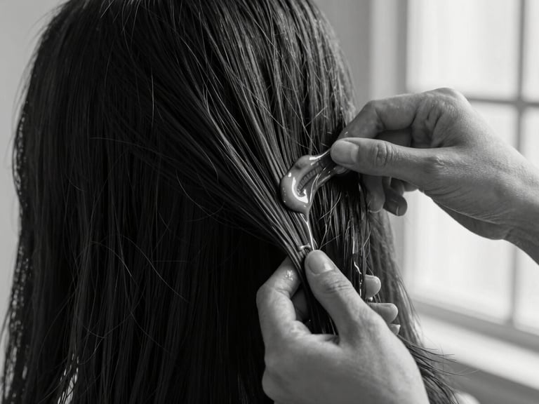 Close-up of a stylist's hands gently applying a premium hair treatment product, focus on the product texture and hair, soft studio lighting, high-contrast monochrome.