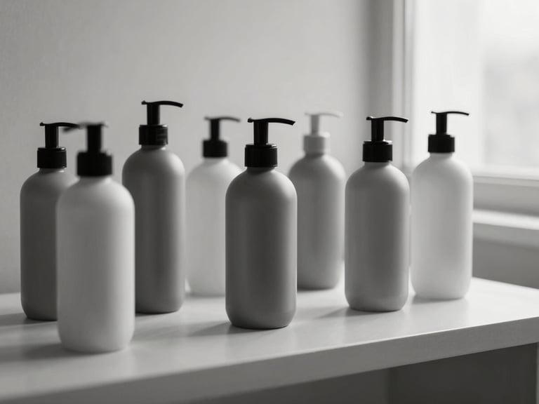 Arrangement of sleek, minimalist hair care product bottles on a clean, architectural surface, soft diffused light, high-contrast monochrome.