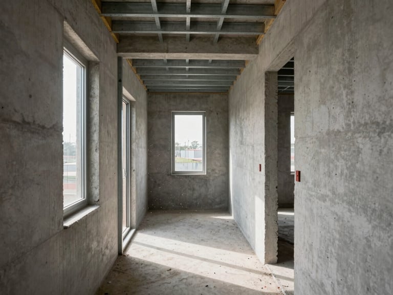 Close architectural detail of a residential building interior corridor under construction — raw concrete walls, steel framing, north-facing light through open window openings, dust motes visible mid-air