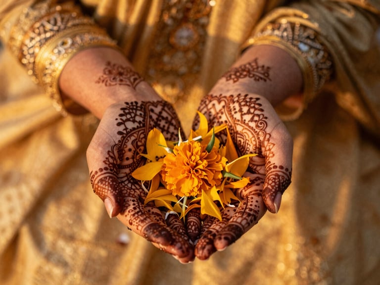 Close-up of hands adorned with intricate henna patterns holding marigold petals during a traditional ceremony, warm golden-hour light, shallow depth of field