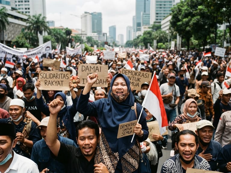 Dokumentasi aksi damai masyarakat Indonesia di ruang publik, pencahayaan alami siang hari, jurnalisme foto 35mm yang otentik dan penuh solidaritas