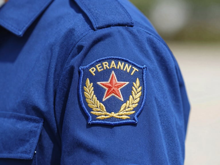 Crisp detailed close-up of custom embroidered department patch on a clean royal blue uniform shoulder, bright natural daylight, sharp focus, 35mm