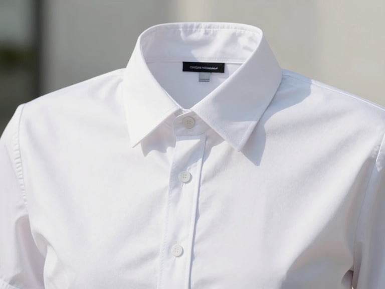 Crisp, clean corporate uniform collar with detailed stitching, bright daylight, high-key professional photography, sharp focus, 35mm