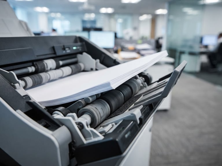 Macro close-up of a high-speed document scanner feeder, clean slate blue lighting, sharp focus on paper edges, professional corporate environment