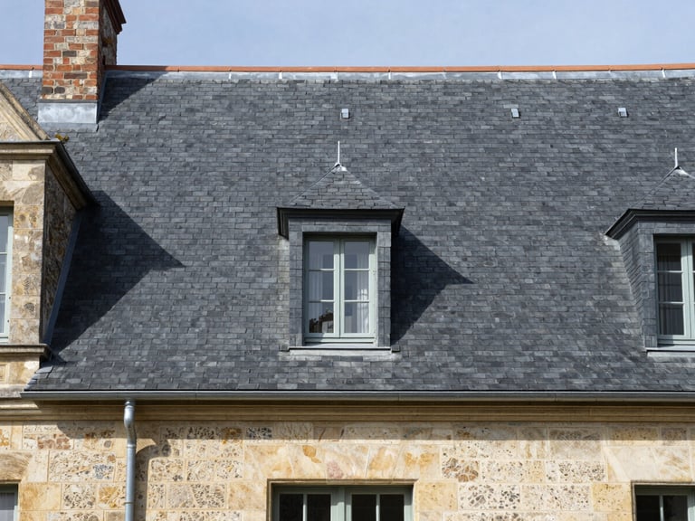 Crisp architectural photography of a restored slate roof on a historic French stone house, perfectly aligned natural slates, zinc gutters, bright daylight, 35mm lens