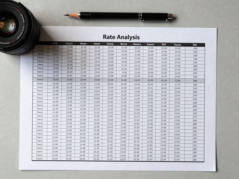 Close overhead flat-lay of a printed cap rate analysis spreadsheet on a light gray desk surface, natural studio light from the left, columns of rent roll figures and NOI calculations clearly visible, a mechanical pencil resting at the top edge