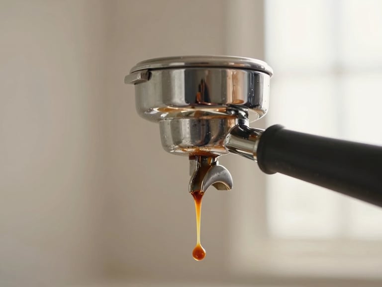 Macro photograph of a polished metal espresso portafilter with rich espresso extraction dripping, warm side-lighting, light neutral background