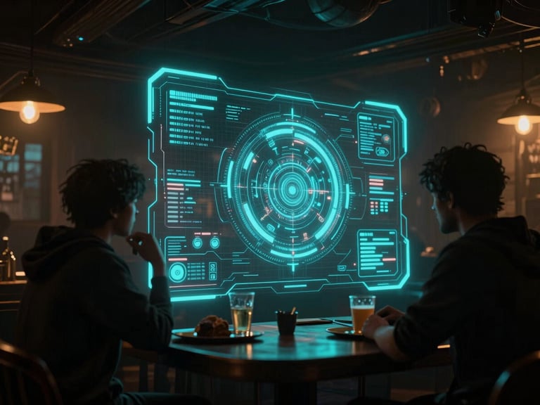 Atmospheric dark fantasy tavern interior with holographic cyberpunk terminal overlays, shadowy figures plotting, cyan rim lighting