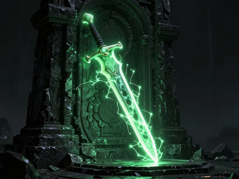 A glowing cybernetic sword embedded in a dark stone altar, electric toxic green sparks flying, dark fantasy digital art