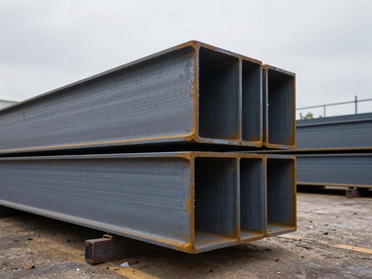 Stack of heavy structural steel I-beams in an industrial yard under overcast daylight, clean edges, technical precision
