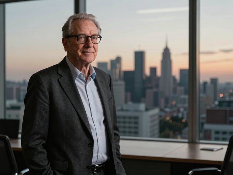 Cinematic portrait of a senior advisor in a high-contrast modern office overlooking a global city at dusk, natural side-lighting, rich desaturated tones, 35mm lens.