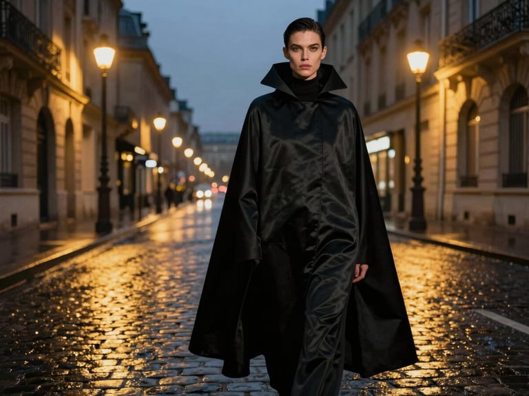 A dramatic cinematic fashion photograph of a structured black Eri silk cape in Paris at dusk, golden streetlights reflecting on wet cobblestones, high contrast.