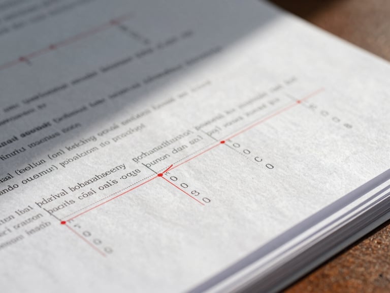 A close-up of physical test papers with red analytical annotations and score metrics, clean library lighting, high contrast.