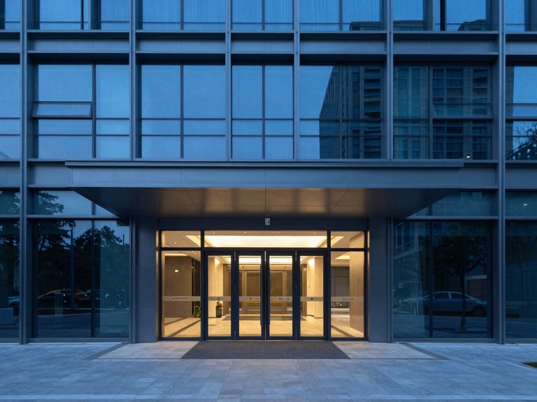 High-angle view of a modern commercial building entrance, glass and steel, cool blue tones, 35mm