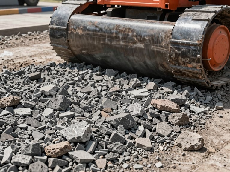 Close-up of crushed stone subgrade base being compacted by heavy machinery under bright daylight, 35mm