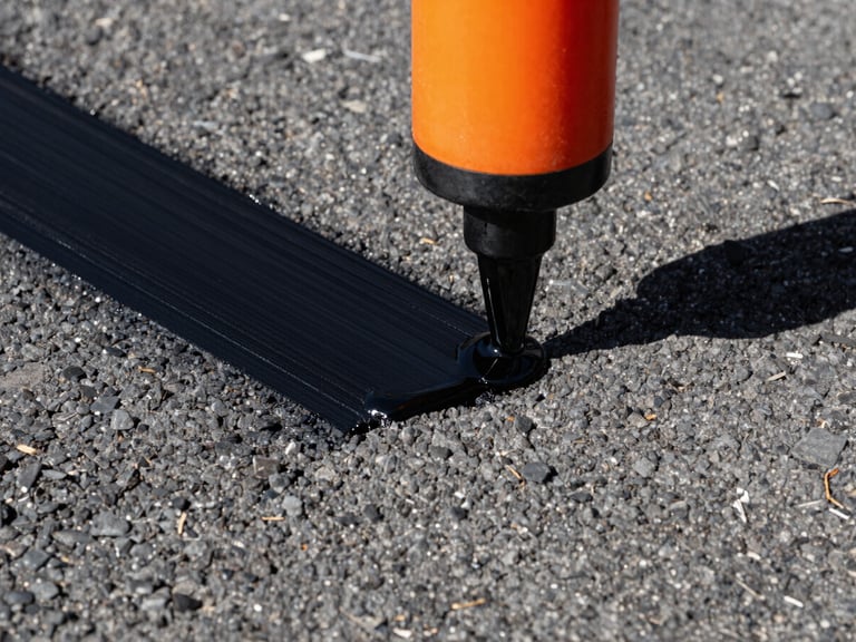 Macro shot of liquid black sealcoating being applied precisely to a textured asphalt surface, high-contrast, 35mm