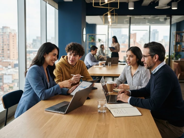 Profesionales y estudiantes latinoamericanos colaborando en un entorno de aprendizaje moderno, con tecnología, bajo luz natural diurna, predominan los tonos azules y dorados, enfoque suave en el fondo.