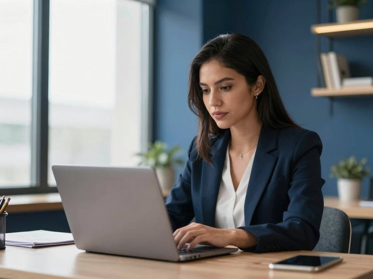 Joven profesional latinoamericana concentrada estudiando en línea en su laptop, con un entorno de oficina moderno y luz natural, enfoque en la pantalla.