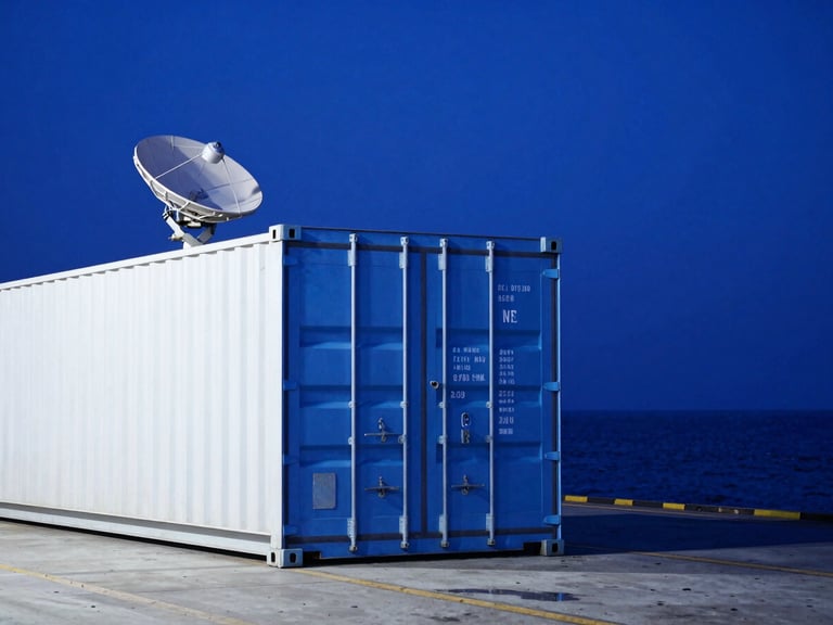 Wide shot of a refrigerated shipping container on a dock at night, glowing blue, with a satellite dish visible on top, cold bright daylight, deep oceanic blues and clean whites, high-contrast details