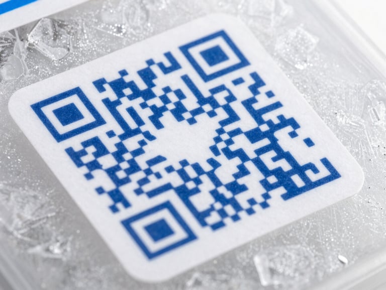 Close-up macro shot of a QR code label on a frozen seafood box, with ice crystals visible, sharp studio-style lighting on ice, high-contrast details