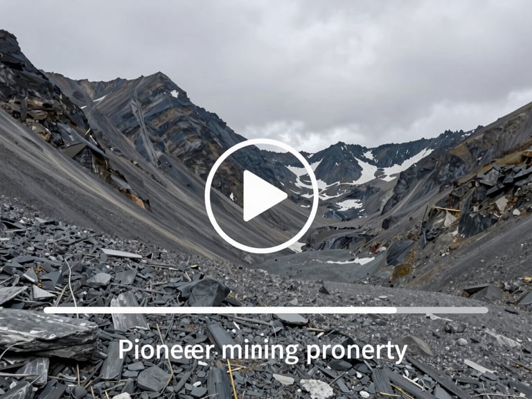Video player interface overlay on a wide-angle rugged mountain landscape of the Pioneer mining property, overcast daylight, play button icon centered.