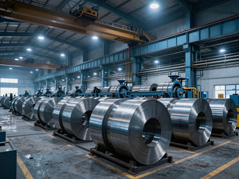 Wide panoramic shot of a modern Pakistani industrial steel processing facility with cool blue industrial lighting, overhead cranes, and metal coils