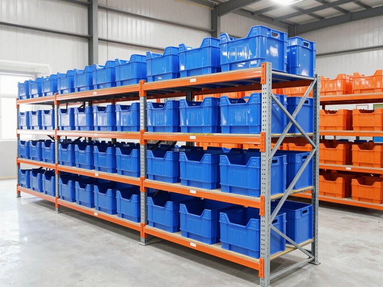 Bright high-key industrial photography of a clean organized warehouse, steel racking with blue and orange supply bins, crisp natural daylight, sharp focus, 35mm