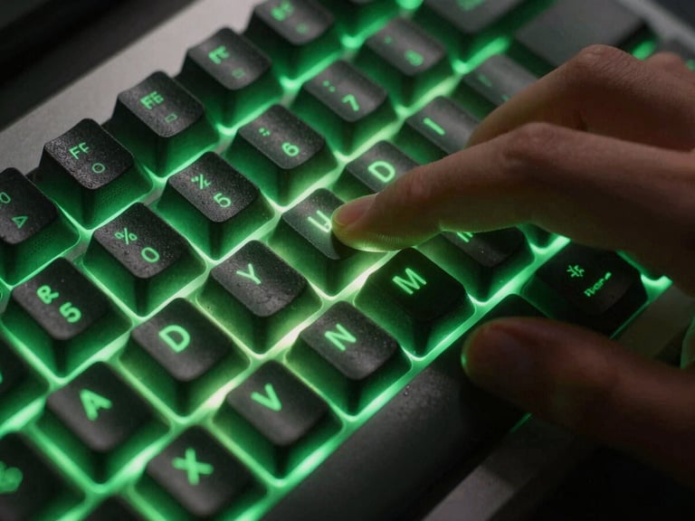 Tight macro-focused shot of a mechanical keyboard in low-light, illuminated by sharp electric volt green backlighting, showing fingers hovering over the WASD keys.