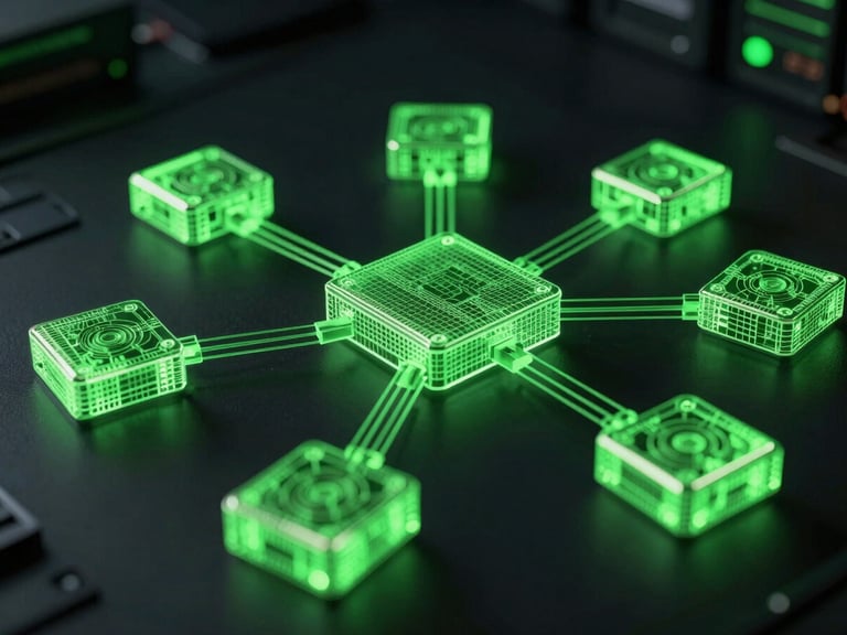 A high-contrast wireframe schematic of server nodes and network routing paths, rendered in electric volt green on a dark background.