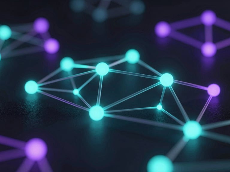 Abstract 3D data visualization of glowing network nodes, neon teal highlights, dark obsidian background, cinematic depth of field, cinematic lighting