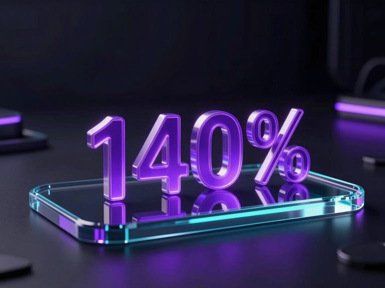Sleek glassmorphic dashboard showing a 140 percent increase node, glowing neon violet accents, dark ambient background, cinematic lighting