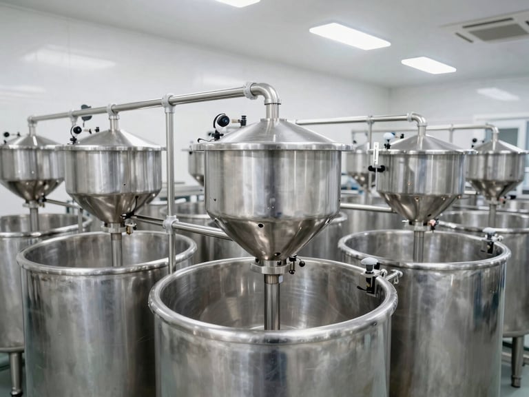 Wide angle of pristine stainless steel vats and automated mixing lines under bright facility lighting, cool metallic tones.