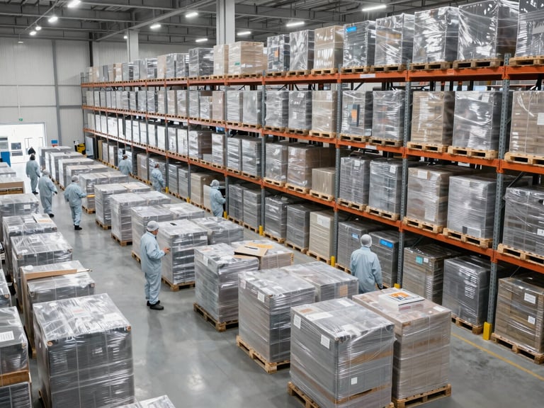 Wide shot of a massive temperature-controlled warehouse, pallets wrapped for distribution, workers in clean-room gear.