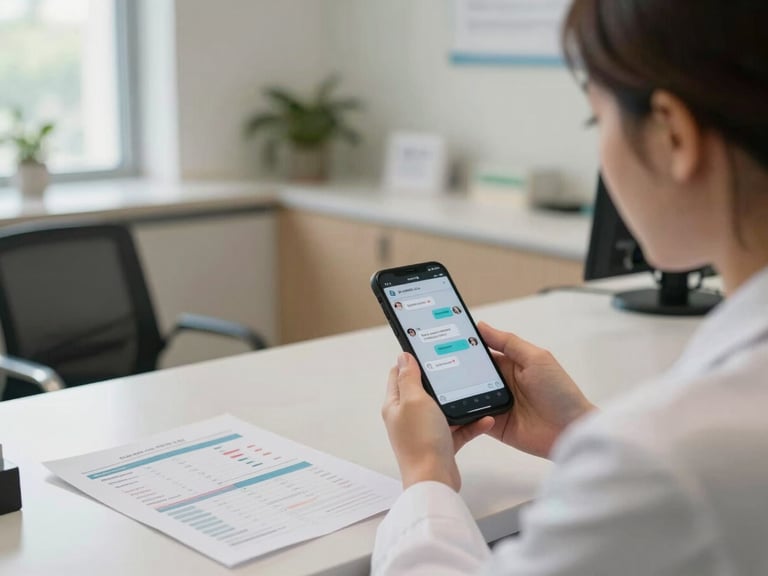 Wide environmental shot of a clinic reception area, a provider at a desk holding a phone showing a chat interface, Wellvox conversation visible on screen, natural window light from the left, charts and administrative materials on desk, documentary framing
